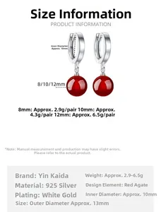 Size guide for S925 sterling silver earrings with red agate showing diameter and weight