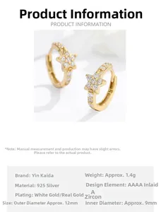Detailed spec sheet for 925 silver star hoop earrings with AAAAA zircon inlays