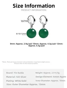 S925 sterling silver green agate earring details with 10mm inner diameter and size specs
