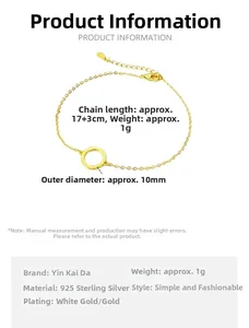 Spécifications de taille pour bracelet cercle en argent S925, longueur 17+3cm et poids 1g