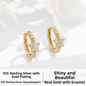 Close-up of gold-plated 925 sterling silver star hoop earrings with micro-set zircon