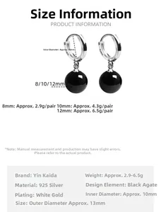 Size guide showing dimensions and weights of S925 silver black agate drop earrings
