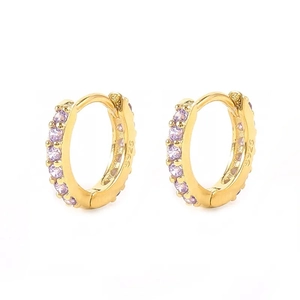 Detailed shot of S925 sterling silver gold plated hoop earrings with purple zircon stones