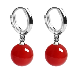 Elegant vintage S925 sterling silver hoop earrings with a vibrant red agate bead drop