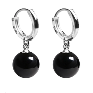 Vintage S925 sterling silver hoop earrings with glossy black agate beads for women
