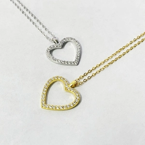 Collier cœur évidé en argent S925 avec incrustations de zircons, doré et argenté