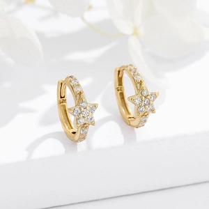 Elegant gold S925 silver star hoop earrings with sparkling white cubic zirconia stones