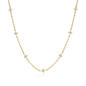 Elegante collana in argento S925 placcato oro con sette pendenti a fiore in zircone su bianco