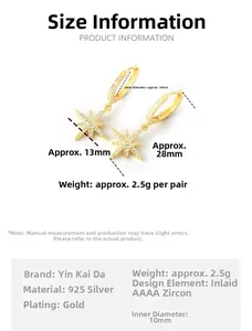 Detail specifications of 925 silver star earrings with gold plating and AAAAA zircons
