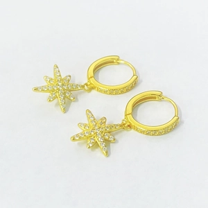 925 Sterling Silver Gold Plated Zirconia Eight Pointed Star Pendant Hoop Earrings Dainty Starburst Jewelry For Women Gift