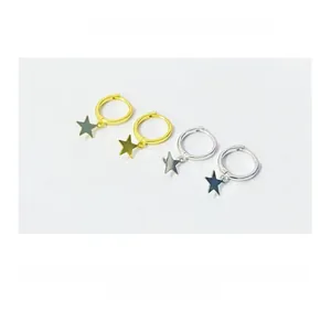Detailed view of silver and gold star pendant hoop earrings in S925 sterling silver