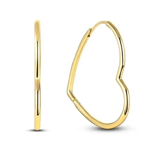 Polished S925 sterling silver gold heart hoop earrings showing front and side views