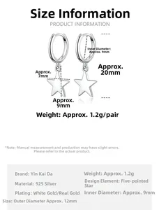 Detailed dimensions of S925 silver star pendant earrings with 12mm outer diameter