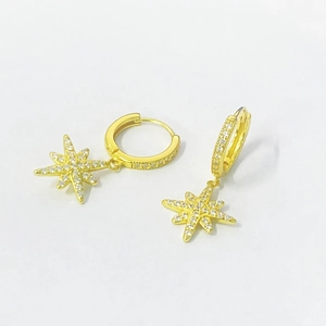 Gold plated S925 silver hoop earrings with cubic zirconia star pendants for women