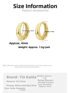 Detailed product dimensions for the 925 sterling silver huggie hoop earrings