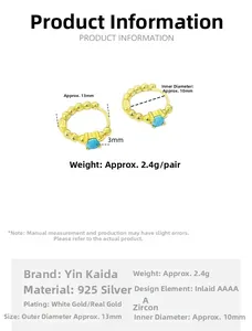 Vue détaillée des créoles en argent S925 avec zircon bleu et dimensions du produit