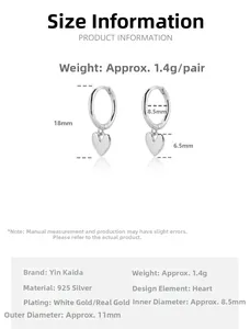 Detailed size chart of 925 sterling silver heart earrings with specific dimensions