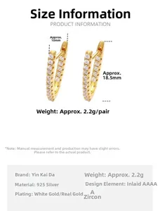 Detailed size chart showing 18.5x10mm dimensions of 925 silver V-shaped zircon earrings