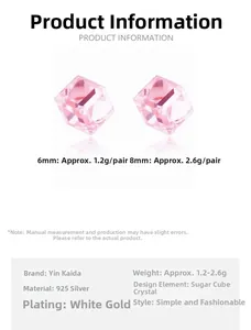 Detail view of pink sugar cube crystal earrings in 925 silver with size specifications