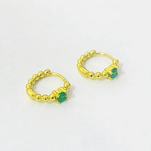 Gold-plated S925 silver hoop earrings with bead trim and green zircon stones