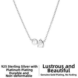 Macro detail of S925 sterling silver necklace with shell pearl and teardrop zircon charm