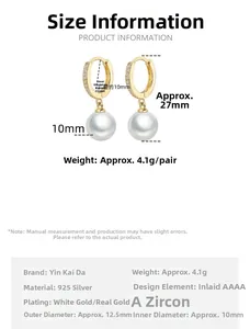 Size chart for S925 silver pearl drop hoop earrings with zircon stones and 10mm pearls