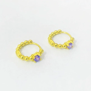 Elegant gold beaded hoop earrings featuring a central round purple zircon in 4-prong setting