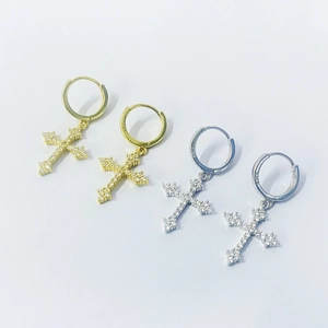 Fashion 925 Sterling Silver Cross Hoop Earrings For Women Luxury Zirconia Inlaid Dangle Earrings Jewelry Gift