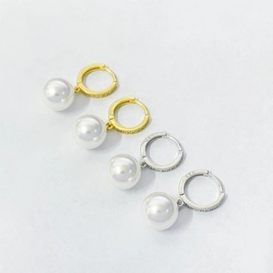 French vintage S925 silver hoop earrings with white pearls and sparkling diamonds