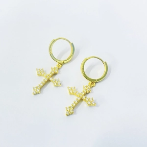S925 sterling silver gold hoop earrings with zircon pavé cross charms for women
