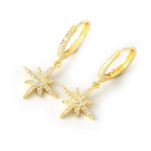 Elegant gold S925 silver hoop earrings with zircon studded north star pendant charms