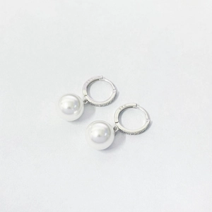 French vintage S925 silver pearl hoop earrings with zircon accents on white background