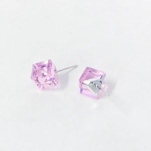Minimalist S925 sterling silver stud earrings with pink sugar cube crystal cubes