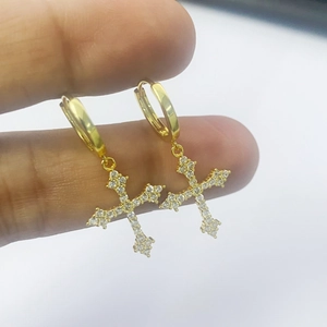 Classic gold hoop earrings featuring zircon-encrusted crosses for a stylish fashion look