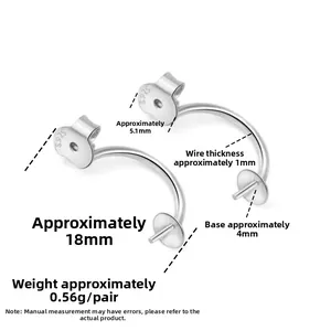 Macro view of S925 sterling silver C-shaped earring hooks with dimension measurements