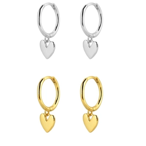 Minimalist 925 silver heart hoop earrings in gold and silver finish on white background