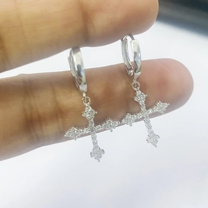 S925 sterling silver hoop earrings with zircon-encrusted cross pendant for women