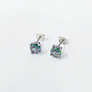 Classic S925 sterling silver stud earrings with round rainbow cubic zirconia in 4-prong setting