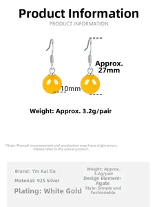 Size chart for 925 silver earrings with yellow agate beads and 27mm total length