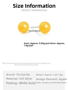 Detailed size chart for 6mm and 8mm yellow agate stud earrings with S925 silver pins