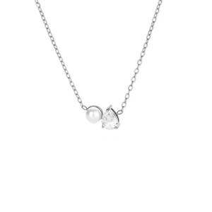 S925 sterling silver necklace with a round pearl and teardrop-cut zircon stone pendant