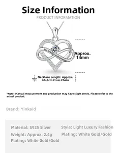 Detailed size chart for S925 sterling silver infinity heart necklace with zircon inlay