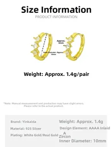 Detail of S925 sterling silver gold hoop earrings with 10mm inner diameter and zircon stones