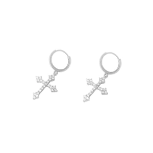 Silver S925 sterling silver hoop earrings with sparkling zircon cross pendants