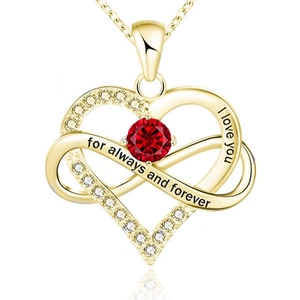 Detail of gold heart infinity necklace with red stone and forever love engraving