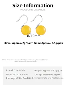 Detailed size chart for 925 silver yellow agate earrings in 8mm and 10mm specifications