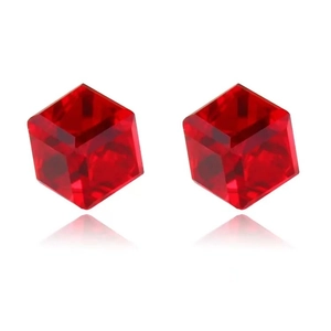 Minimalist S925 sterling silver cube stud earrings featuring deep red crystal cubes