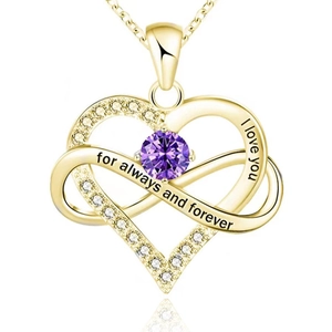 Detail of gold heart infinity necklace with purple stone and I love you engraving
