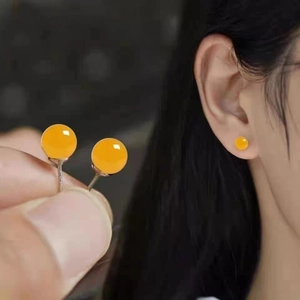 Minimalist S925 sterling silver stud earrings with vibrant yellow agate round beads