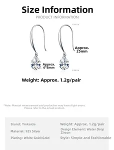 Size chart showing S925 silver teardrop zircon earrings dimensions and 1.2g weight